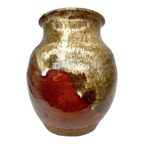 Signed Vintage Studio Art Stoneware Pottery Drip Glaze Vase – 5.5" Earth Tones - Picture 3 of 10